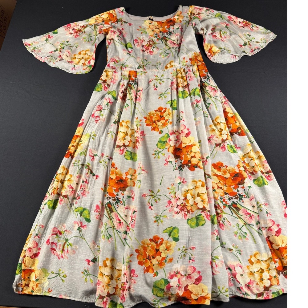 Boho Floral Bell Sleeve Maxi Dress Grey Orange Yellow‎ Botanical Cottagecore